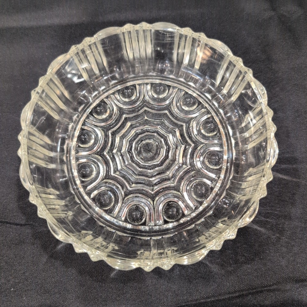 Vintage Clear Pressed Glass Ribbed Bowl Geometric Sunburst Base Candy Dish - Picture 3 of 6